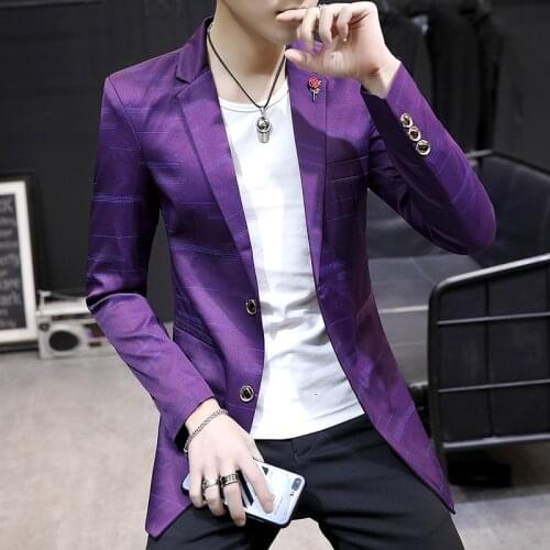 Fashion Mens Blazers Jackets Single Breasted Slim Fit Long Sleeve Men Coat Business Casual Black White Blue Purple V044