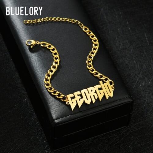Bluelory Punk Stainless Steel Thick Chain Men Name Bracelets 3mm/5mm/7mm Width Cuban Chain Custom Jewelry For Women Couple