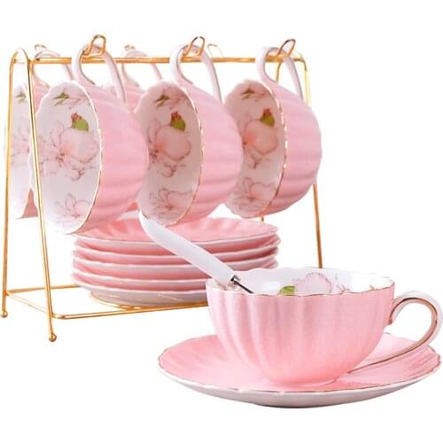 1-6PCS Pink Romantic Pumpkin Coffee Cup Set Kitchen Accessories Bone China Ceramics Tea Cup Organizer English Afternoon Red Tea