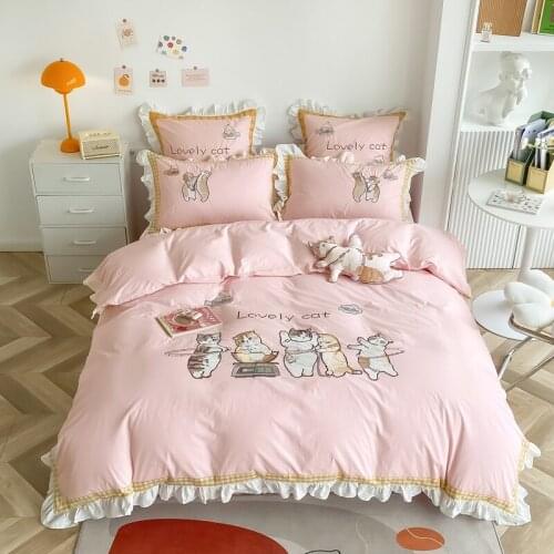 Pink Cute Cartoon Cat Embroidery Soft Washed Cotton Girl Bedding Set Ruffles Duvet Cover Bed Linen Fitted Sheet Pillowcases 4Pcs