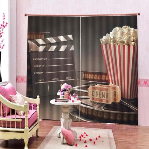 Movie Theater Shower Curtain Production 3D Film Reels Clapperboard Tickets Popcorn and Megaphone Fabric Curtains drapes