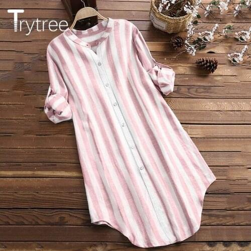 Trytree 2021 Spring Autumn Women Blouse Casual Striped Turn-down Collar Shirt Dress Office Lady Single Breasted Tops For Women