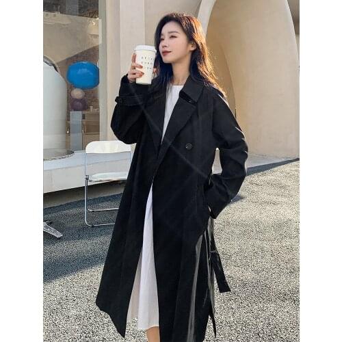 Womens Windbreaker Spring Autumn New Korean Fashion Loose Solid Color High-quality Double-breasted Long Sleeve Feminine Coat081