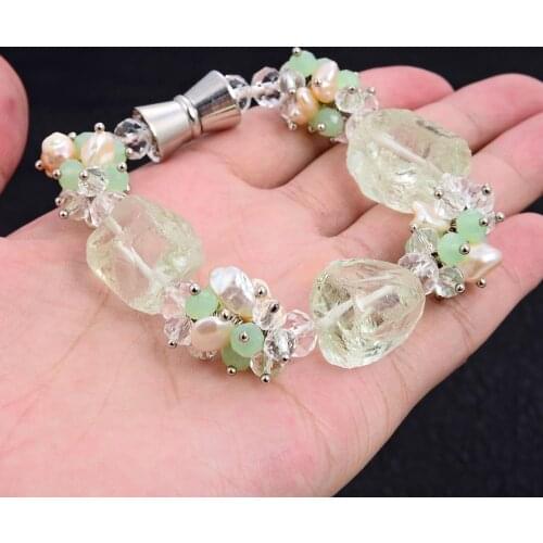 GuaiGuai Jewelry 8" Keshi Pearl Rough Green Glass Quartz Crystal Bracelet