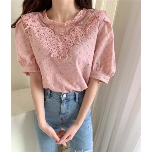 Lace Stitching Puff Sleeve Shirt Women