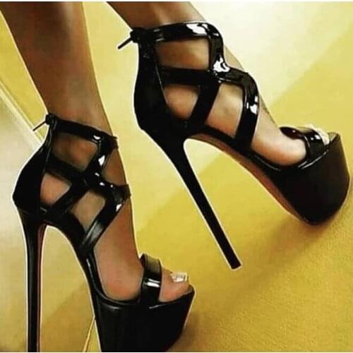 Moraima Snc Platform Thin Heels Sandal for Women Open Toe Black Patent leather Sexy High Heels Shoes Summer Gladiator Heels