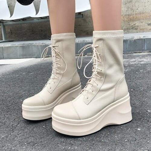 Winter Handmade Genuine Leather Casual Chunky Platform Women Short Boots Round Toe Cross Tied Elastic Thick Sole Womens Shoes