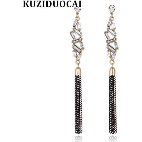 Kuziduocai New Fashion Will Not Fade Jewelry Bohe Zircon Crystal Geometry Chain Tassel Stud Earrings For Women Brincos E-1330