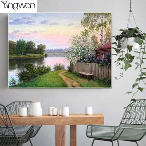 Diy Full Diamond Embroidery Village House 5D Diamond Painting Tree Lake Rhinestone Mosaic Sale Cross Stitch Landscape Home Decor