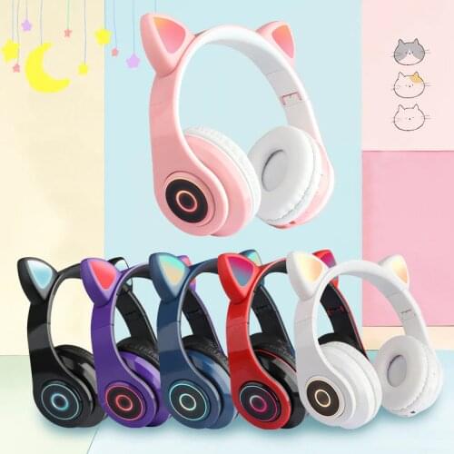 Bluetooth 5.0 Headphones Foldable Cute Cat Ear LED Wireless Headset with Stereo Sound Support TF Card 3.5mm Plug Earphone