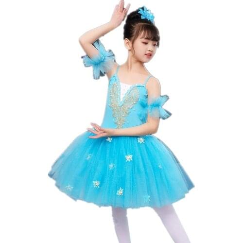 Flower Light Blue Romantic Tutu Kids Contemporary Ballet Dance Costume Soft Tulle Long Ballerina Dress For Child Adult Girls