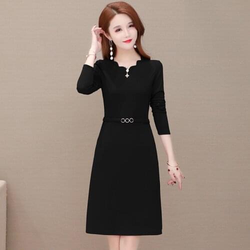 Elegant Office Ladies Work Dress Women Spring Autumn Long Sleeve Belt Plus Size Midi Dress Large Size Casual Knee-Length Dress