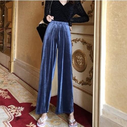 HStar 2020 Autunm Winter Solid High Women Trousers High Street Pleuche Female Velvet Warm Flat Elastic Wide Leg Pants