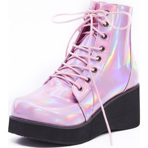 JIALUOWEI New Style Unisexs Shoes Punk Wedge Heel 7cm Pink Holographic Leather Halloween Costumes Gothic Ankle boots
