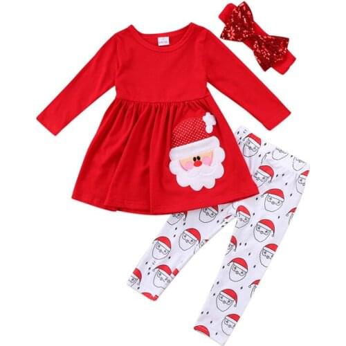3Pcs Kids Toddler Baby Girls Christmas Clothes Santa Claus Dress Tops Print Leggings Bow Sequins Headwear Cotton Outfit Set 2-7T