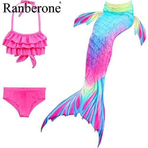 Ranberone Children Mermaid Swimming Suit 3pcs Girls Swimwear Bikini Sets Tails Swimming Dresses Cosplay Kids Clothes 2021