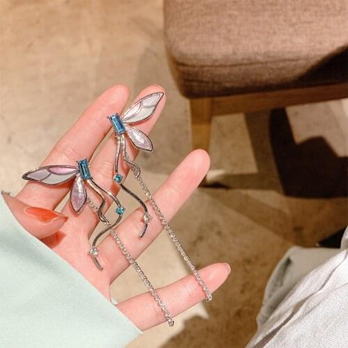 Minar Temperament Colorful Simulation Wing Long Tassel Earrings for Women Shiny Rhinestones Butterfly Drop Earrings Oorbellen