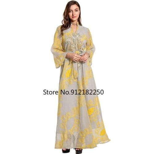 Fashion Mesh Embroidered Muslim Abaya Dress Jalabiya for Women Sequins Long Sleeve Party Morrocco Kaftan Dubai Evening Clothes