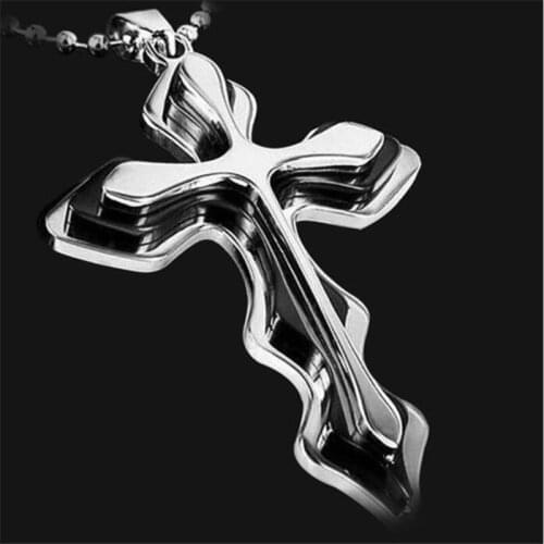 Fashion Silver Mens Wave Cross Pendant Necklace Three-Layer Blue Gold Black Male Cross Religion Necklace Chain Jewelry Men