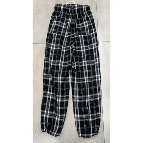 Fashion Ladies 2021 New Loose High Waist Elastic Lace-up Check Casual Pants 0306