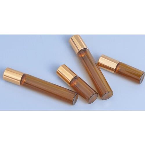 MUB - 5pcs 5ml 10ml Refillable Essential Oil Amber Thin Glass Bottle Gold Cap Steel Ball Fragrance Parfum Bottles