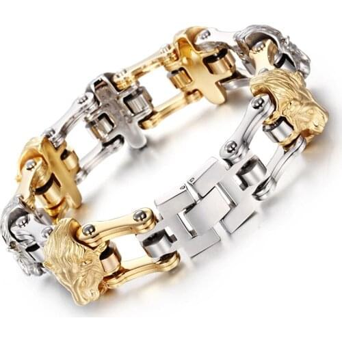 Gold and silver color Men 's Stainless Steel Bracelet Men' s Lion 's Head Bracelet Alternative Bicycle Bracelet