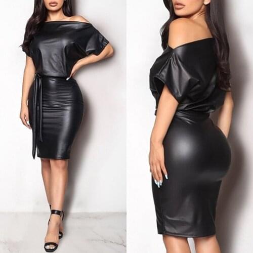 New Women PU Leather Mini Dress Sexy Black Crew Neck Wet Look Bodycon Bandage Party Club Mini Dress Plus Size