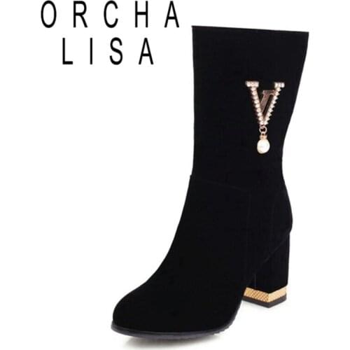 ORCHA LISA New Mid Calf Boots Zip Flock Pearl Metal Decoration Short Plush 7.5CM Block Bling Heel Size 32-43 Black Red A4474
