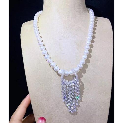 8-9MM natural fresh water pearl necklace 925 sterling silver with cubic zircon tassels pendant necklace 2 ways to wearing