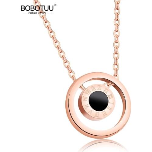 BOBOTUU Classic Titanium Steel Roman Numerals Double Sided Black White Shells Circle Rose Gold Color Pendants Necklaces BN17072