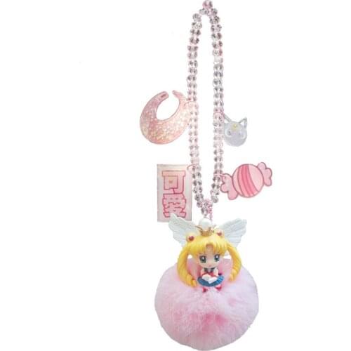 Sailor Moon Car Pendant Women Anime Decor Kawaii Bling Ornaments Fur Pompom Chain Beads Car Interior Ornaments Halloween Gifts