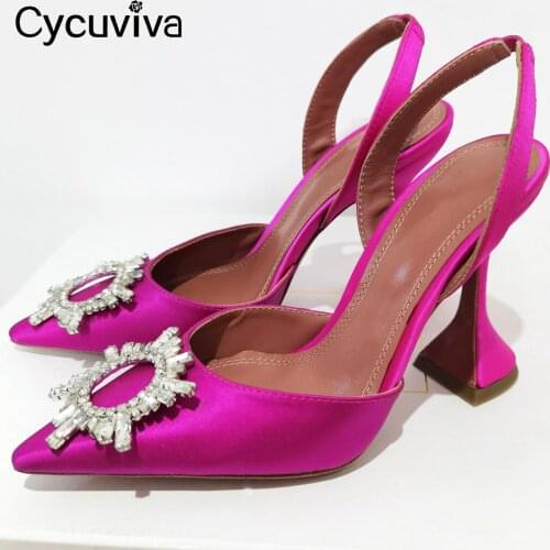 New PVC Rhinestone Flower High Heel Shoes Women Slip On Back Strap Women Sandals Satin Goblet Party Pumps Female Shoes For Women