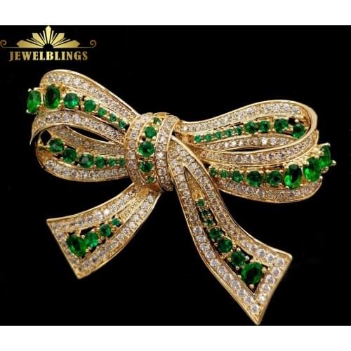 Edwardian Vintage Micro Pave CZ Green Bowtie Brooches Gold Tone Framed Oval Stones Prong-Set Antique Green Bow Knot Pin Broaches