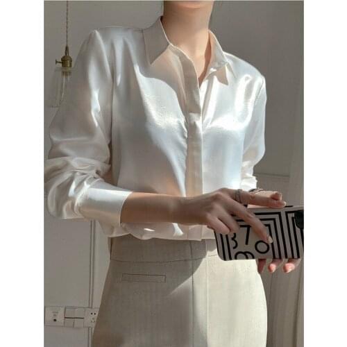 Vintage White Long Sleeve Shirts Tops Ladies Elegant Korean Office Shirt Fashion Button Up Satin Silk Shirt Blouse Women X260