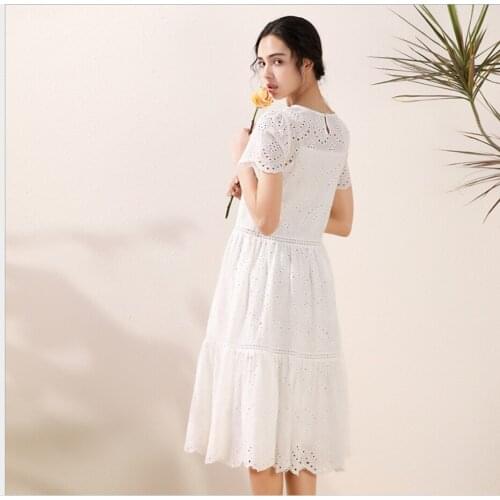 Female White Embroidery Hollow Lace Midi Skirt 2021 Spring Summer Dresses New Round Neck Skirts Doll Two-piece Mid-length Dress