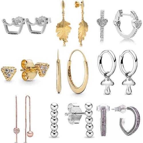 925 Sterling Silver Earring Golden Shine Chunky Mushroom Oak Leaf Crown Alluring Hearts Earring Studs For Women Pandora Jewelry