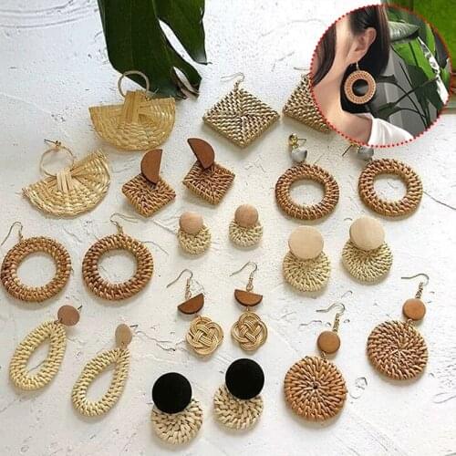 2021 Korea Style Rattan Earring Women Bohemian Earrings Vintage Geometric Wooden Earrings Drop Wood Beaded Dangle Ear Studs New