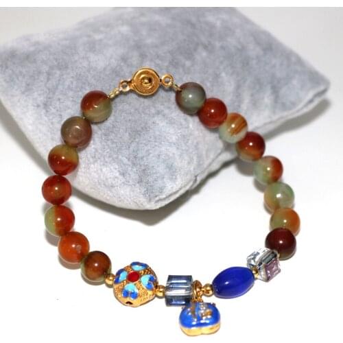 Women bracelet 8 style 8mm natural stone multicolor carnelian agat jades chalcedony round beads cloisonne bangle 7.5inch B2945