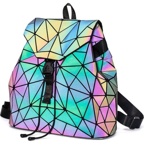 Women Backpack Luminous Geometric Plaid Sequin Female Backpacks For Teenage Girls Bagpack Drawstring Bag Holographic Backpack