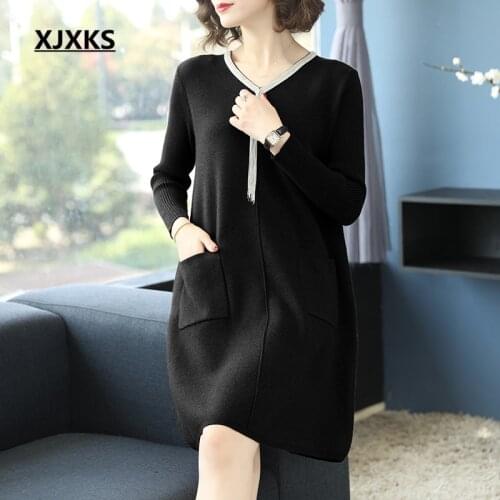 XJXKS 2020 spring new fashion fringed V-neck women knitted dress comfortable long cashmere sweater women pullover