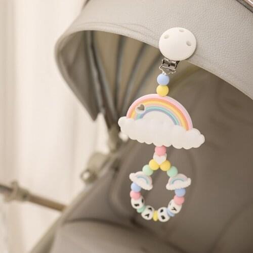 1pc Baby Teether Rainbow Pram Clip Cart Chain Newborn Mobile Pram Personalize Silicone Bead Pacifier Chain Chewable Baby Rattle