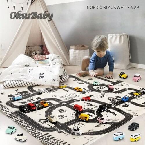130*100cm Large Euro Waterproof Nordic Black White Children Traffic Play Mat Mini Alloy Toys Car Kit With Road Signs Portable