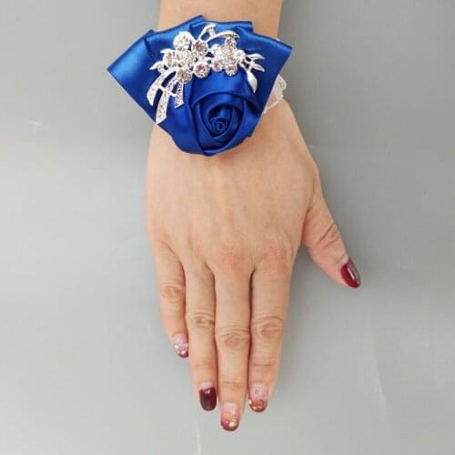 3piece/lot Royal blue Satin Rose Bridesmaid Wrist Corsage Bridal Crystal Corsage Bracelet Hand Flower Wedding Accessories SW001