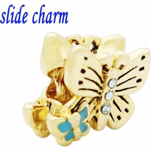Slide charm Free shipping Mothers Day gift blue enamel butterfly charm beads fit Pandora charm bracelets