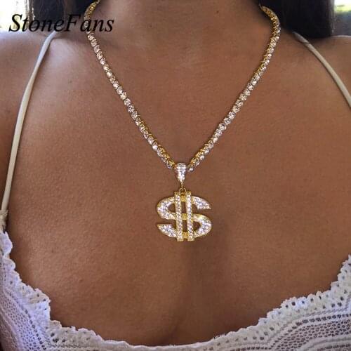 Stonefans Iced Out Chain Dollar Sign Pendant Crystal Necklace Miami Tennis Chain Hip Hop Necklace for Women Men on Neck Jewelry