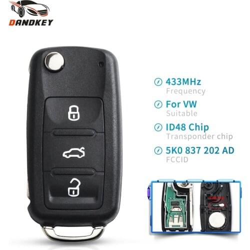 Dandkey 10pcs 5K0837202AD Remote Key Uncut Car Flip Key For Volkswagen VW Tiguan GOLF PASSAT Polo Jetta Beetle 433MHz ID48 Chip
