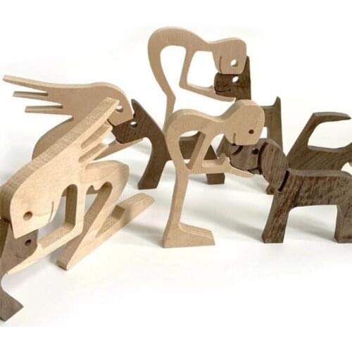 Family Puppy Wood Dog Craft Figurine Desktop Table Ornament Carving Model Creative Home Office Decoration Love Pet Sculpture