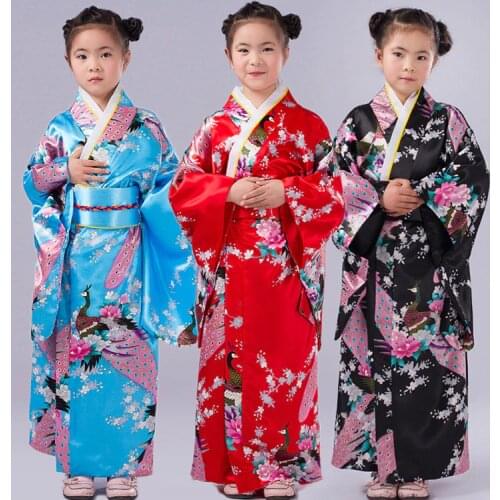 Child Floral Peacock Yukata Dress Girl Japanese Kimono Cosplay Costume Kids Traditional Kimono Japones Haori Clothing 89