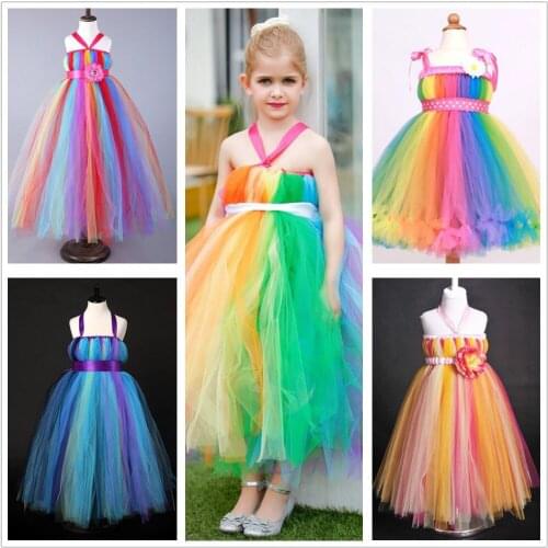1-14Y Flower Girls Kids Rainbow Princess Dress For Birthday Party Peacock Tutu Dress Pastel Fancy Handmade Tulle Ball Gown
