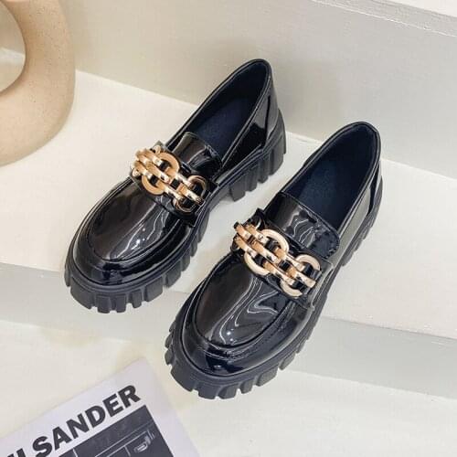 Metal Chain Designer Fashion Platform Oxfords Shoes Women 2021 Spring Summer Black PU Leather Flats Casual Boat Shoes Loafers